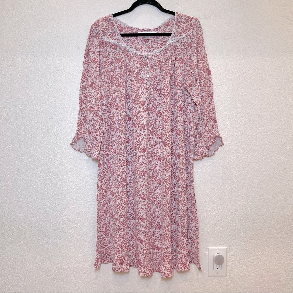Eileen West Micromodal Floral Long Sleeve Nightgown in White/Red size Medium